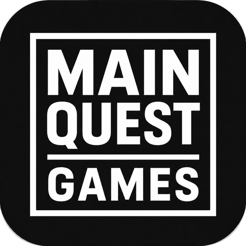 A black rounded square icon with white text reading 'MAIN QUEST GAMES' inside a white border.